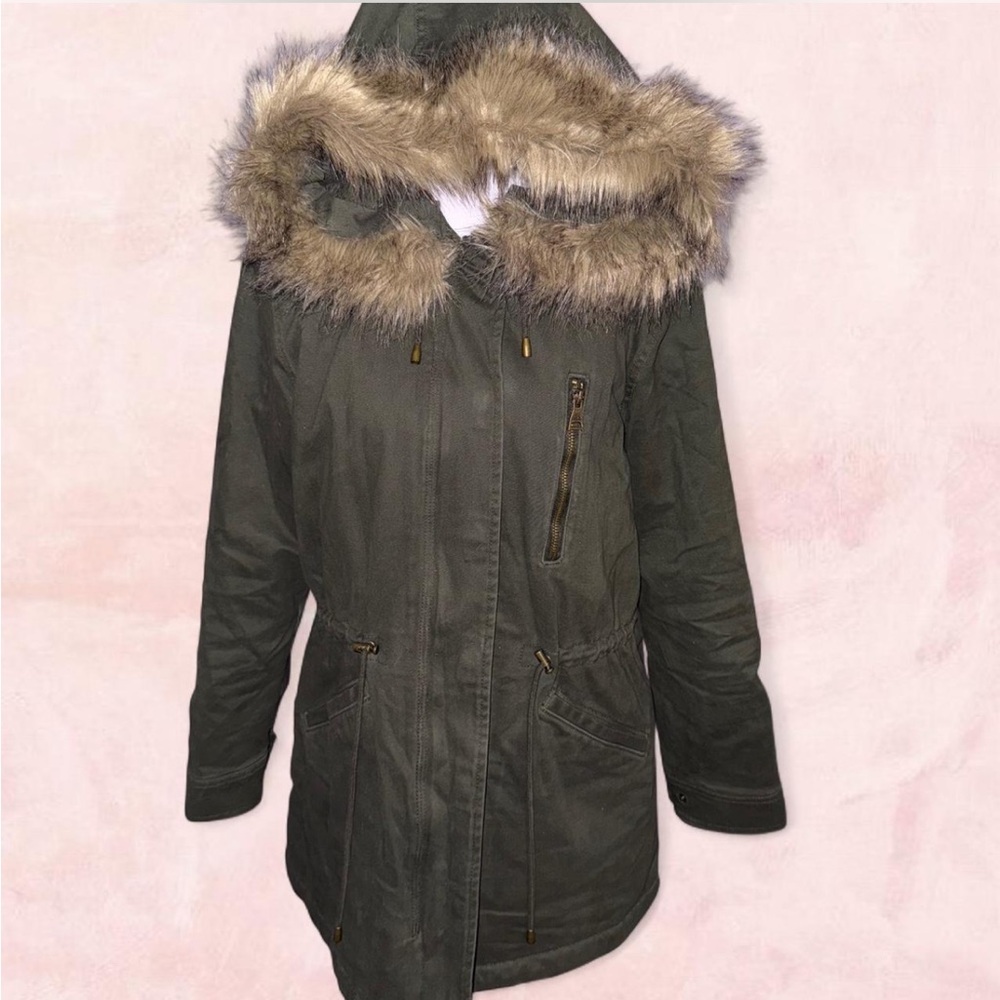 Olive Green jacket with brown faux fur
